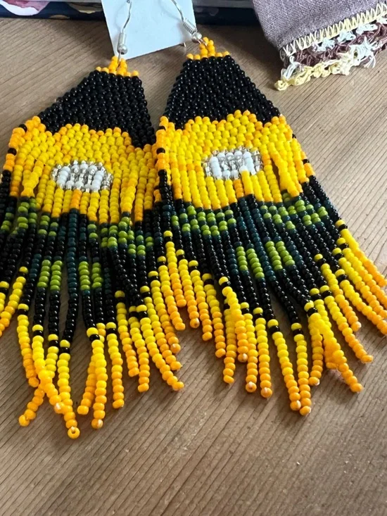 Handmade Beaded Sunflower Fringe Earrings - Yellow & Black - Picture 7 of 13